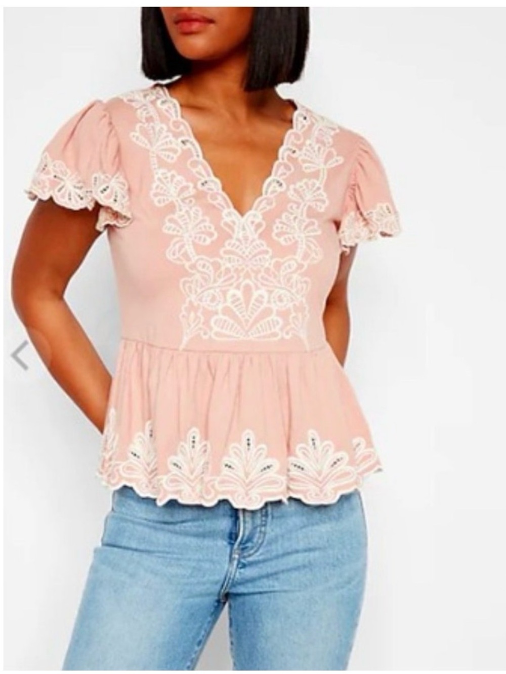 Express Blush Pink Embroidered V-Neck Peplum Top